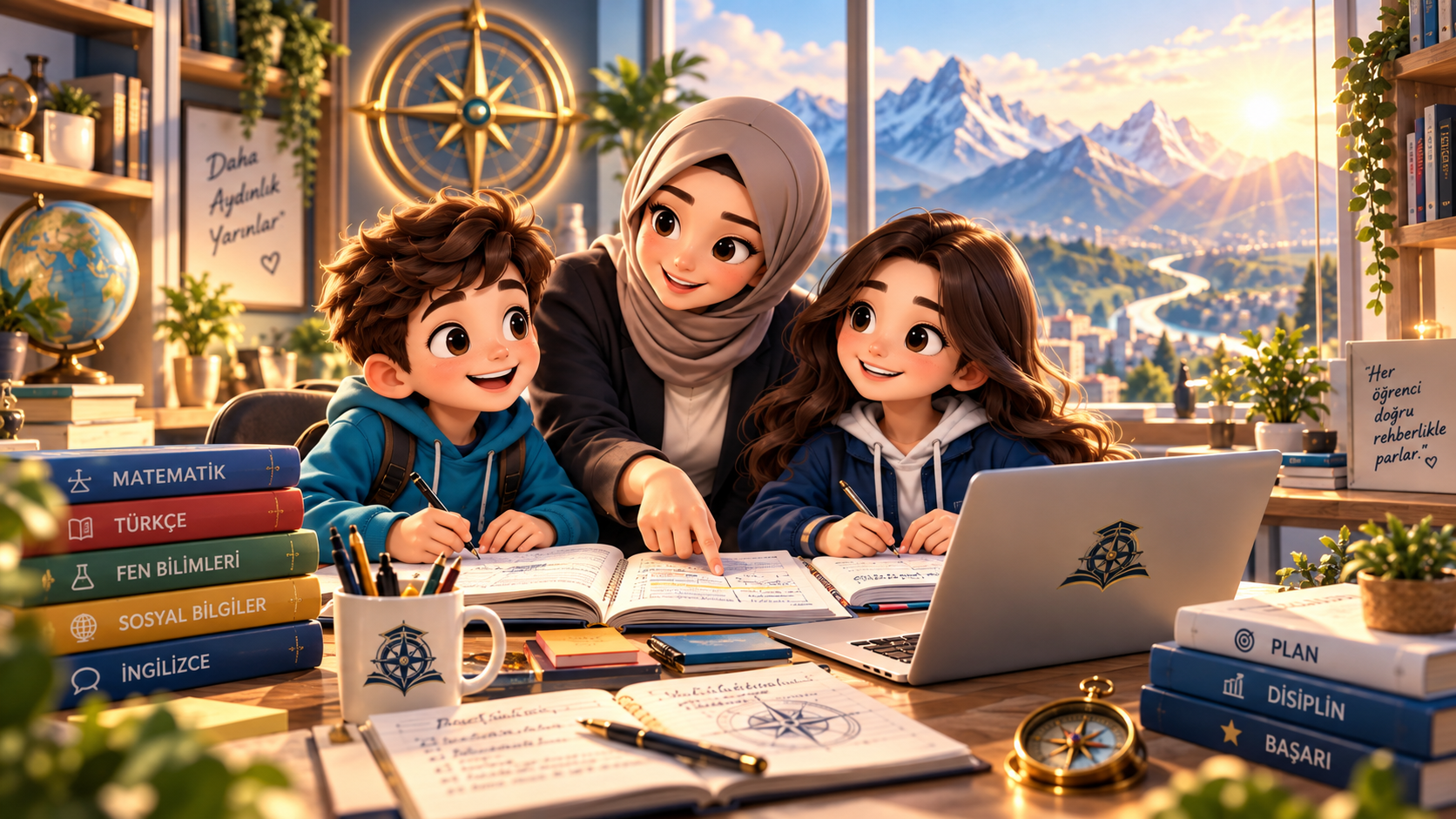 İki marka öğrencisi ve başörtülü akademik koç; büyük pusula, eğitim ortamı ve dağ manzarası