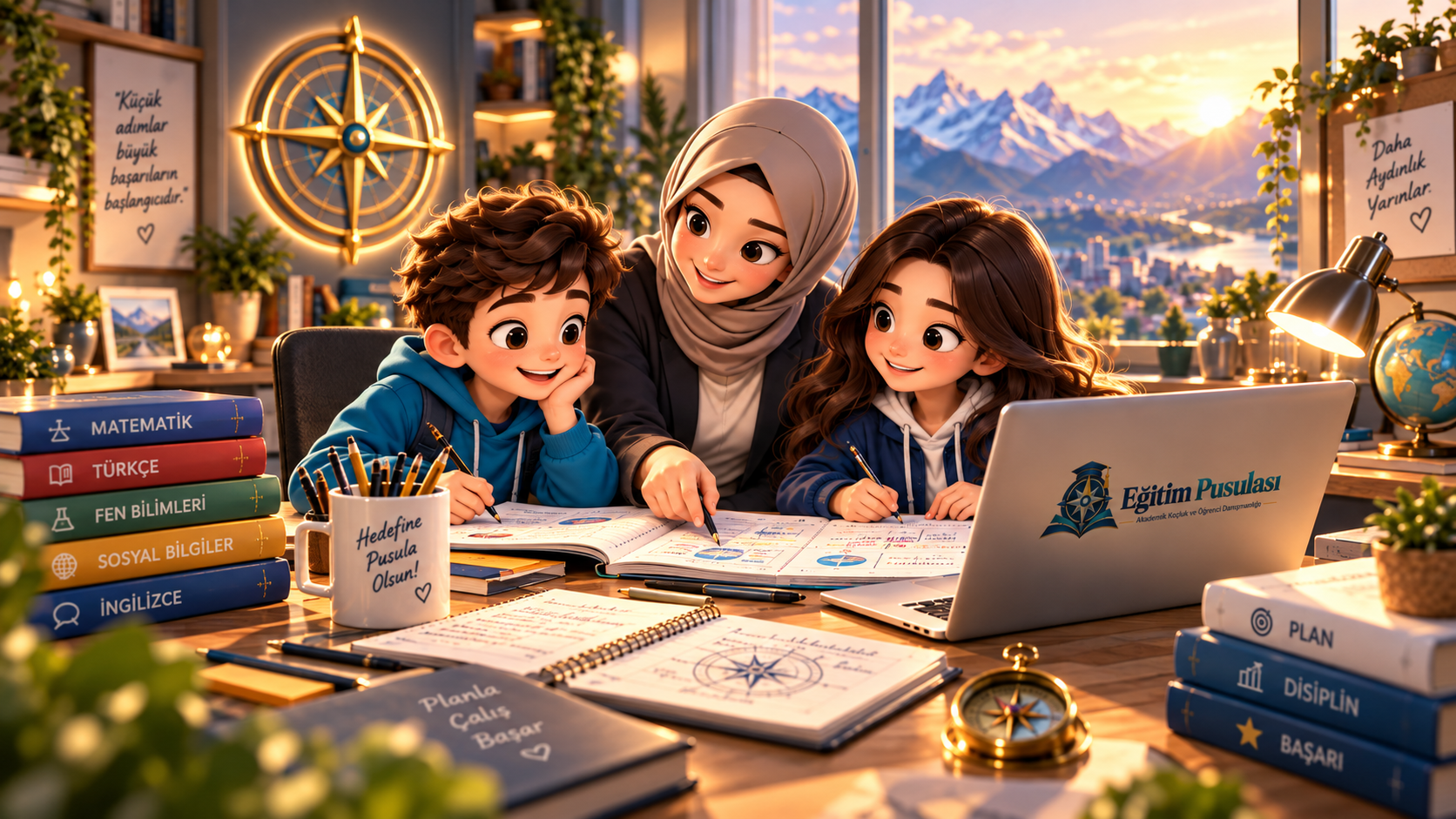 Akademik koç ile birlikte çalışan iki öğrenci